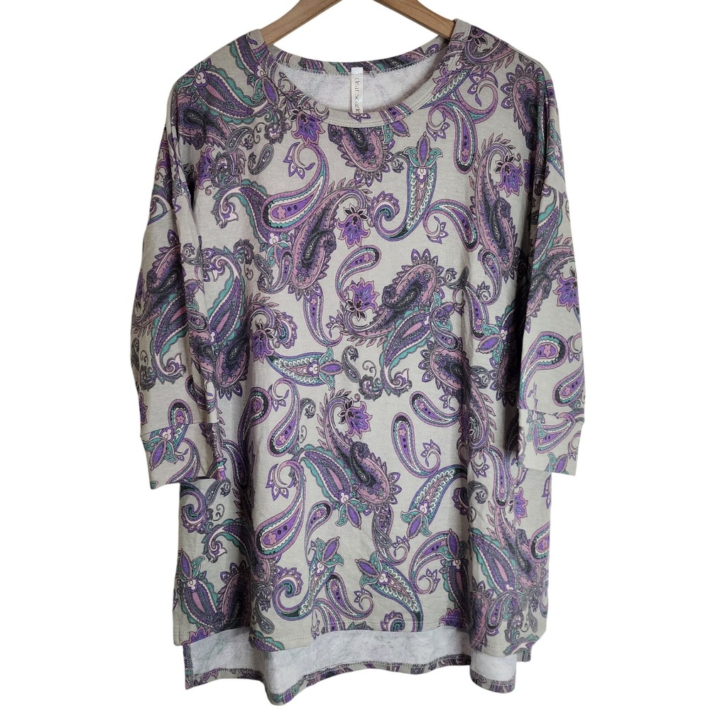 Dear Scarlett‎ Top Women's Small Paisley Floral 3/4 Sleeve Grey